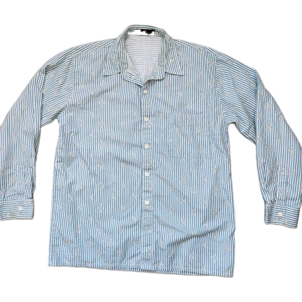 Montagut Paris Blue White Stripe Floral Button Up Shirt Oversized Womens M EUC